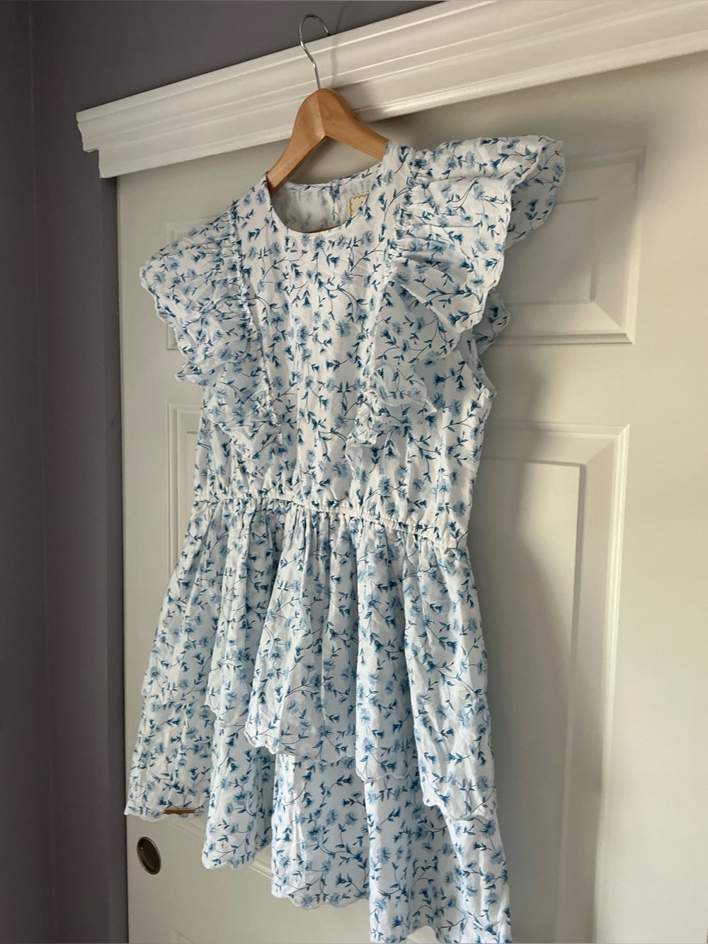 Simply Southern White with Blue Daisy Print Ruffle Sleeves Midi Tiered Dress L - Picture 4 of 15
